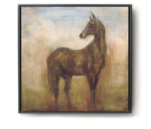 Oil painting on canvas of a horse in gold, green and brown tones.
