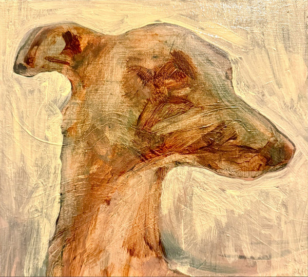 Framed oil painting of dogs head on cream background.