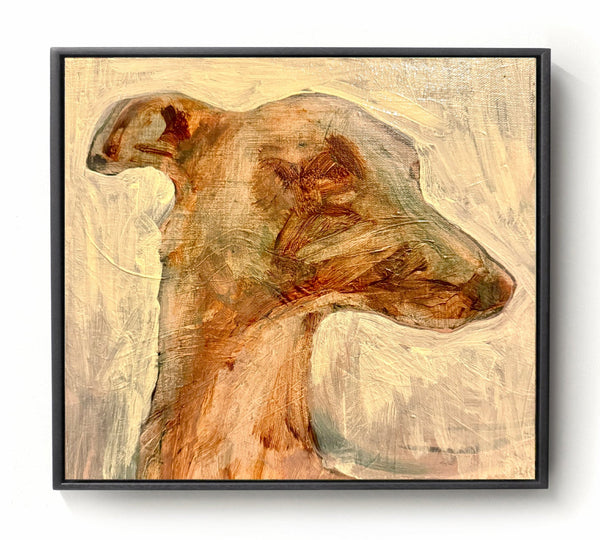 Framed oil painting of dogs head on cream background.