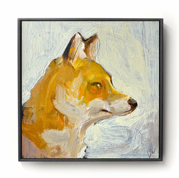Fox head oil painting framed in slim black frame.