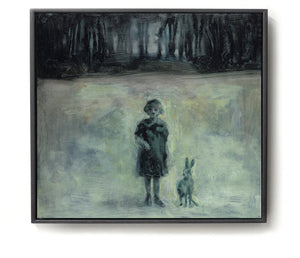 Oil painting on canvas of a girl and a hare, in blue, green and dark tones.