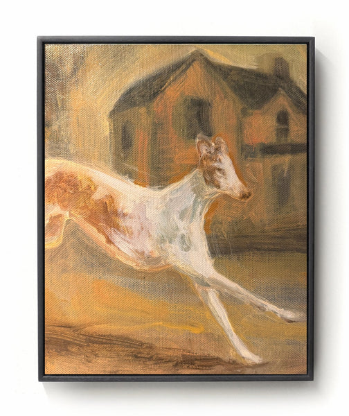 Framed painting of a dog running in front of a house