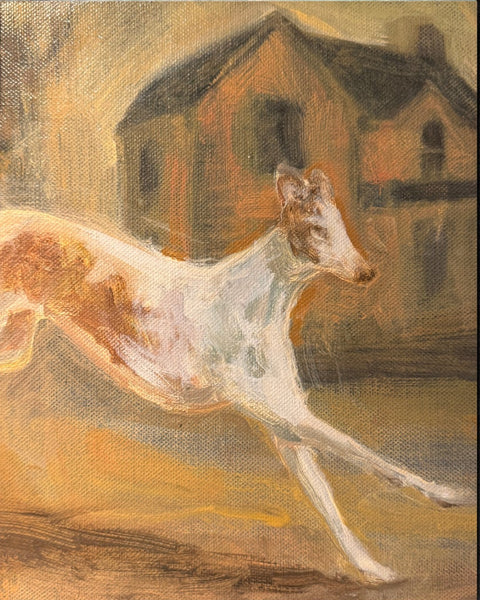 Framed artwork of a dog running with a house in the background.
