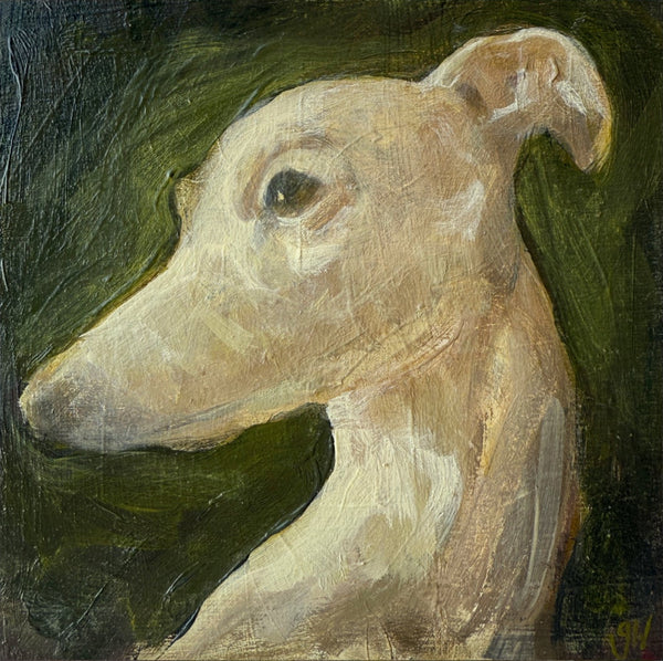 Greyhound Head Oil painting in slim black frame.