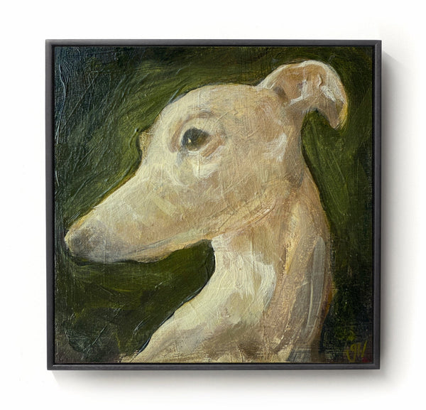 Greyhound Head Oil painting in slim black frame.