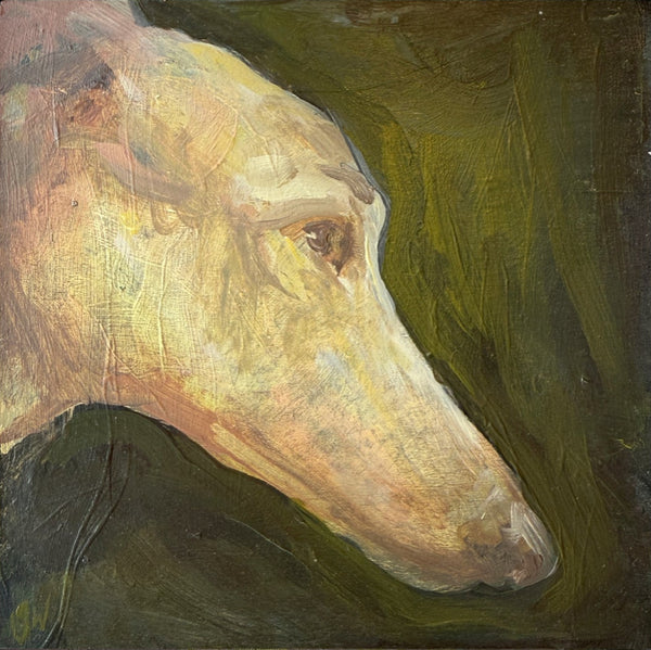 Framed painting of a dog's head with a dark green background