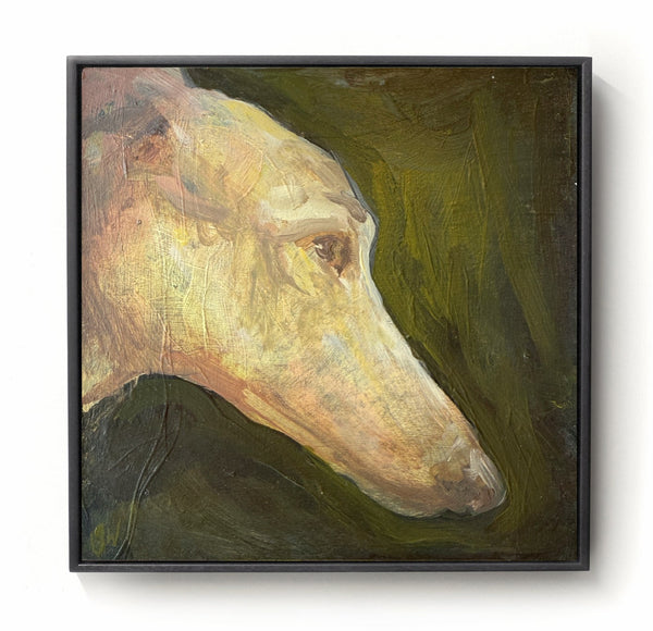 Greyhound head oil painting in slim black frame.
