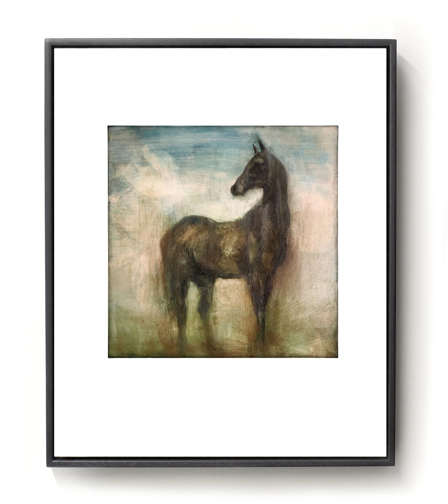 Hand finished giclee print of a horse in brown, yellow, green and blue tones.
