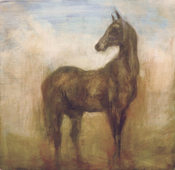 Oil Painting of a Horse in brown, blue and gold tones.