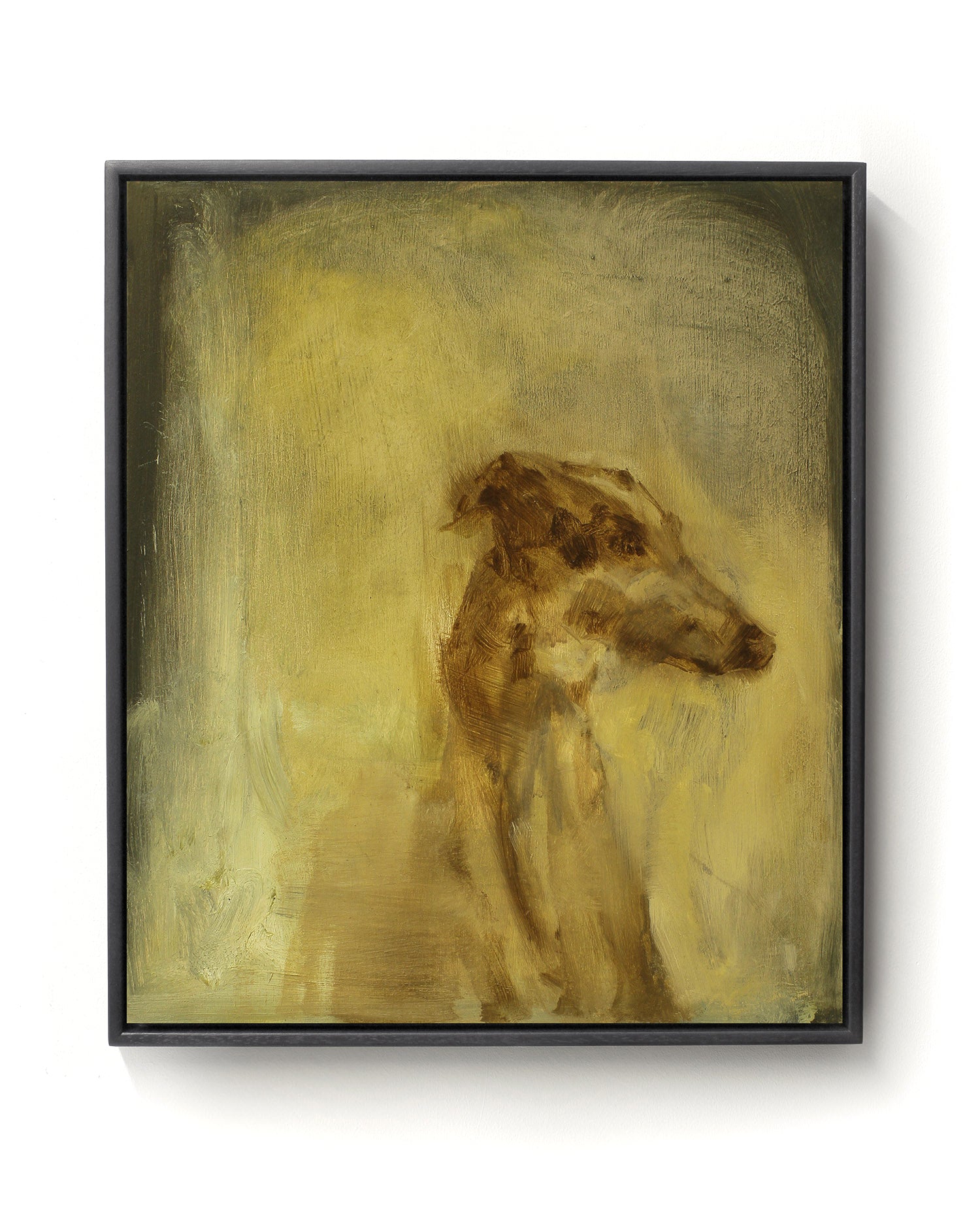 Oil painting on canvas of a dog in brown and gold tones.