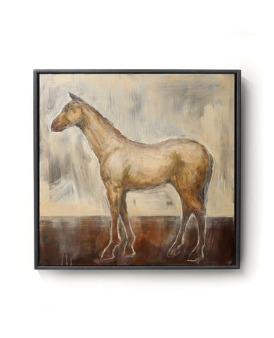 Oil painting on canvas of a horse in brown, red and gold tones.