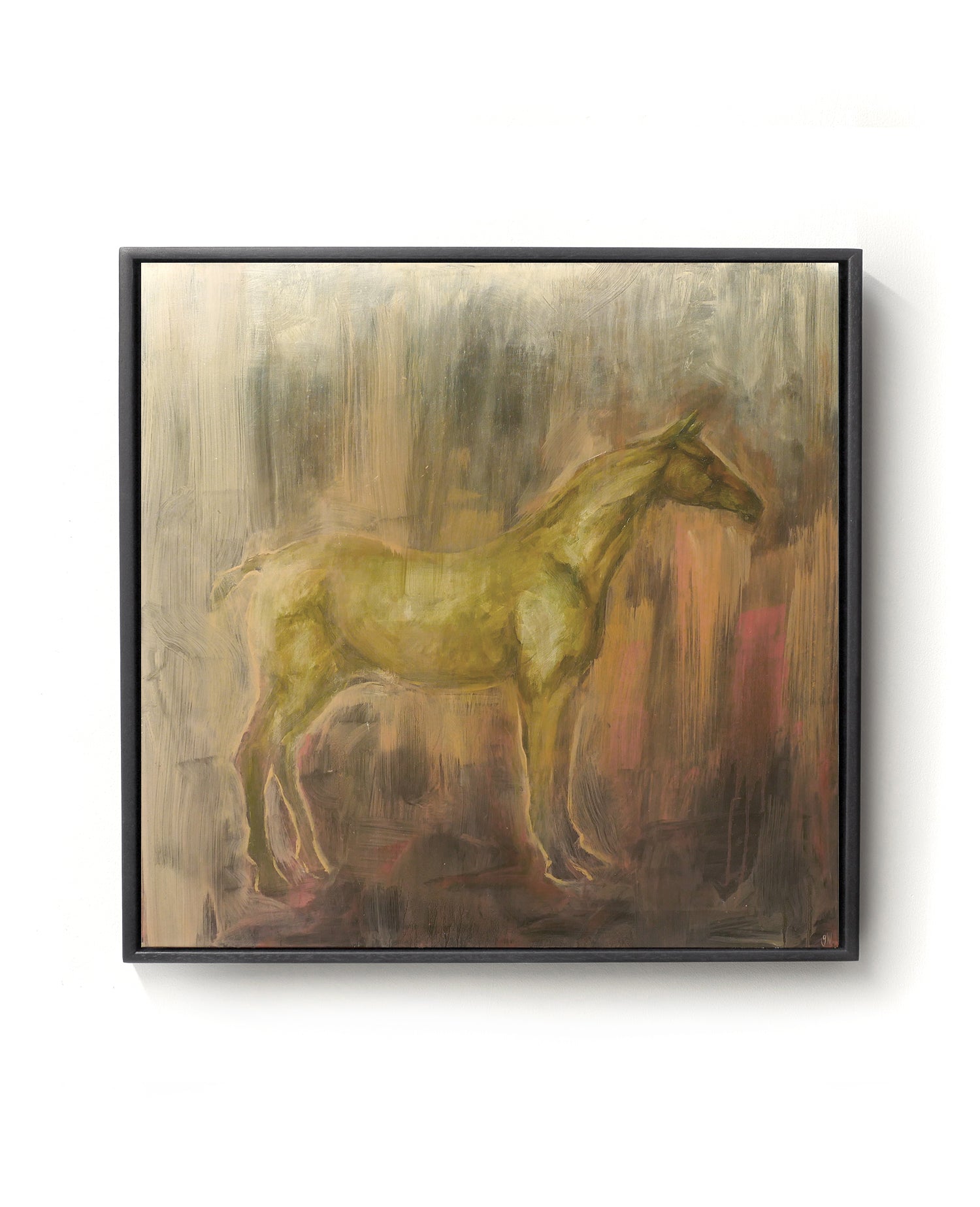 Oil painting on canvas of a horse in brown, pink and gold tones.