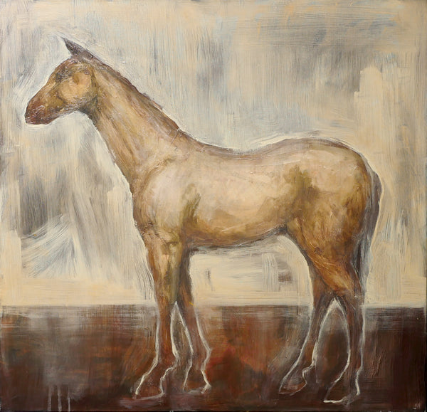 Oil painting on canvas of a horse in brown, red and gold tones.