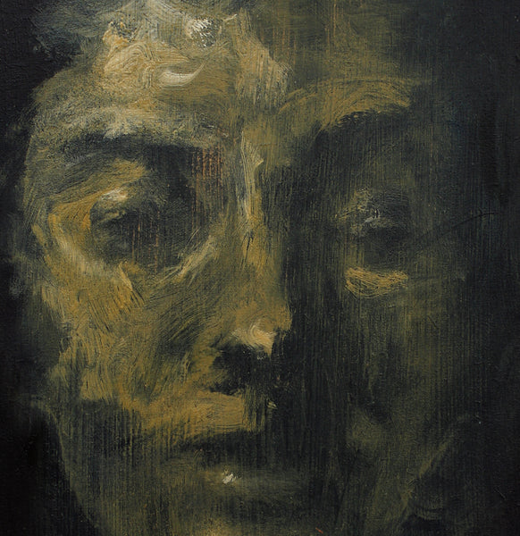 Oil painting on canvas of a face in black and gold tones.