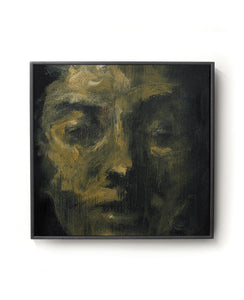 Oil painting on canvas of a face in black and gold tones.