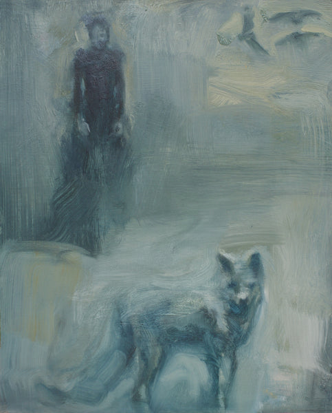 Oil painting on canvas of a woman and fox in blue and green tones.