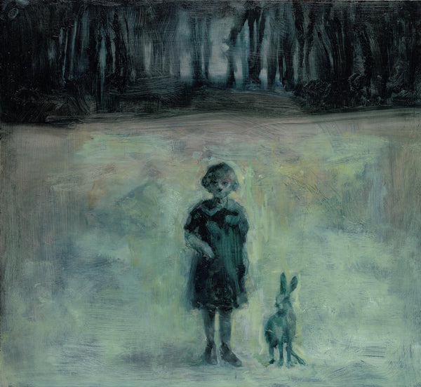 Oil Painting on canvas of a girl and a hare in blue and green tones.