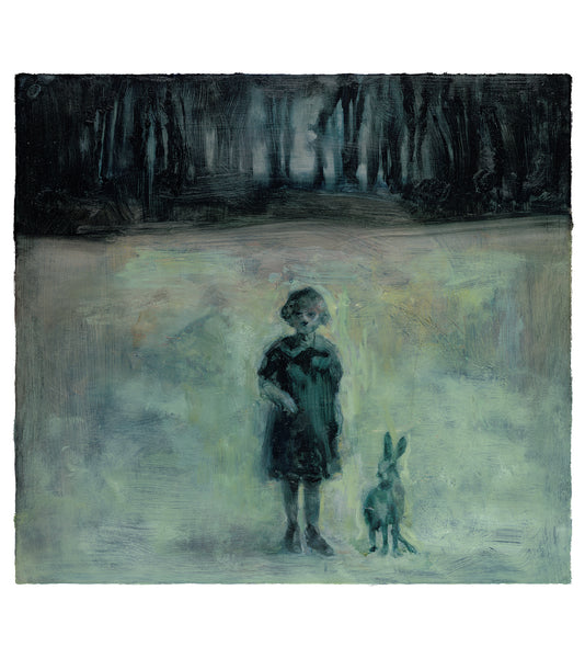 Hand finished giclee print of a girl and a hare in blue, green and dark tones.