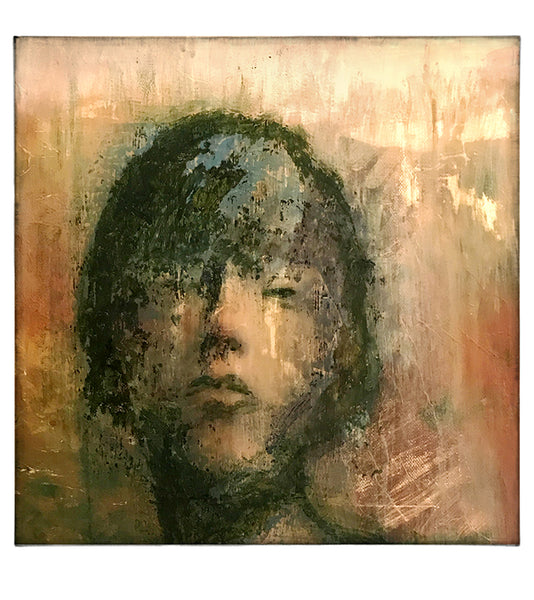 Hand finished giclee print of a female face in green, brown and gold tones.