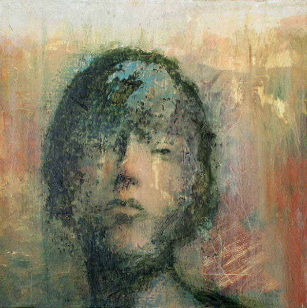 Oil painting on canvas of a female face in green, brown and gold tones.