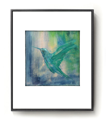 Hand finished giclee print of a hummingbird in green, blue and pink tones.