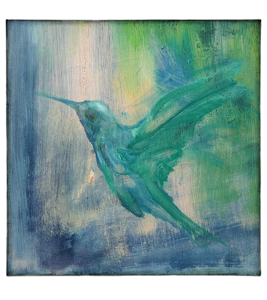 Hand finished giclee print of a hummingbird in green, blue and pink tones.