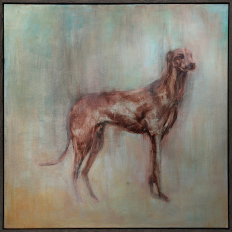 Dog Oil Painting on canvas, in brown, green and pale tones.