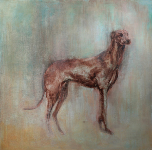 Dog Oil Painting on canvas, in brown, green and pale tones.