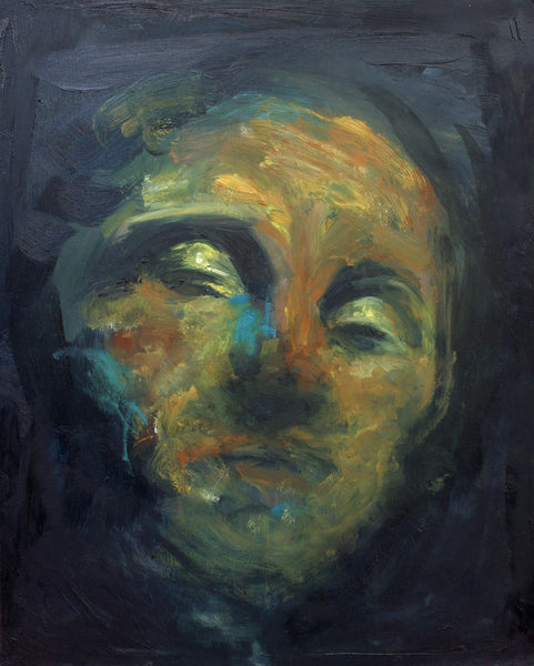 Oil painting on canvas of a face in black, yellow, red and blue tones.