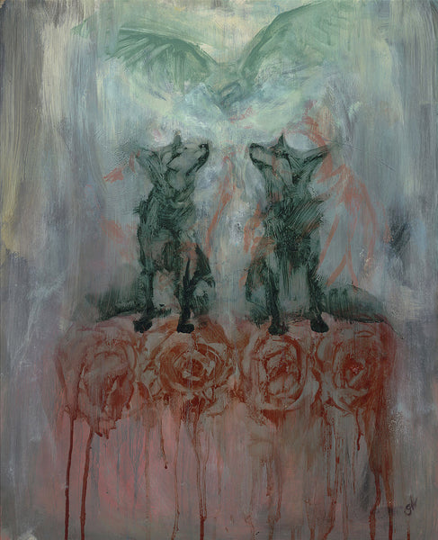 Fox, owls and roses oil painting on canvas in blue, green and red tones.