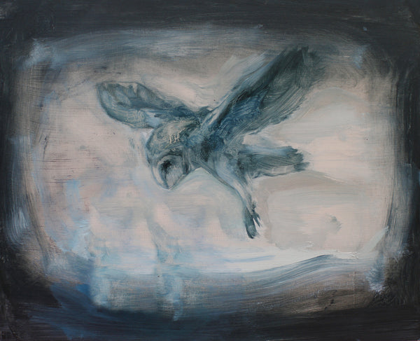 Oil painting on canvas of an owl in black, blue and pale tones.