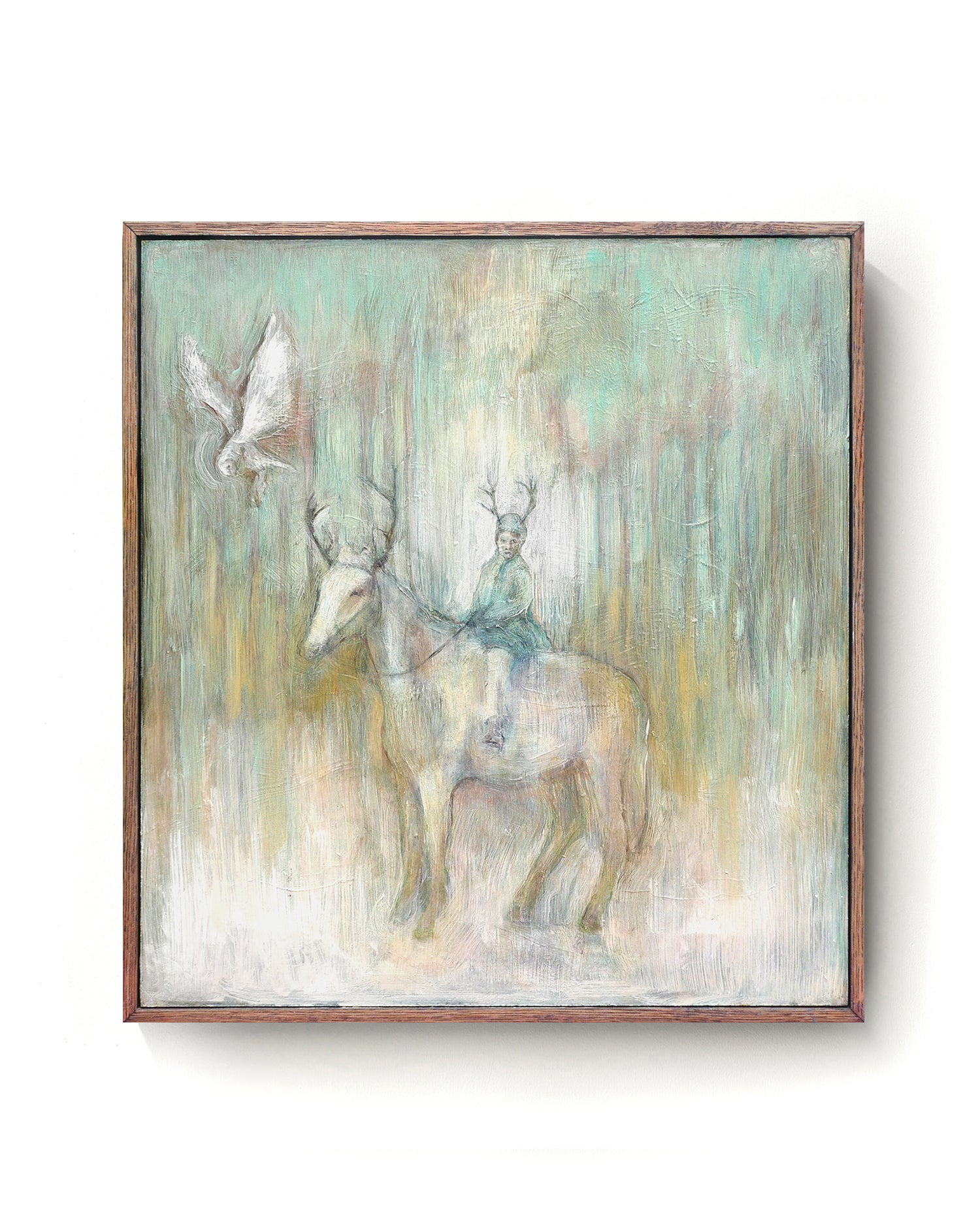 Oil painting on canvas of a child on horseback with an owl in green, blue and pale tones.