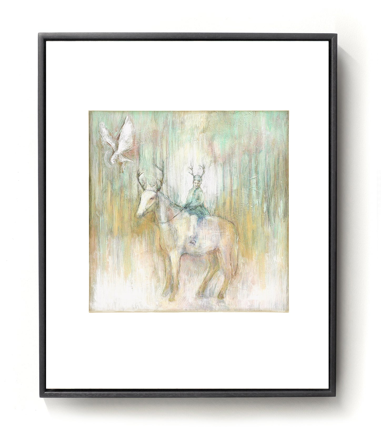 Hand finished giclee print of a flying owl and a child on horseback, both with antlers, in gold, green and pale tones.