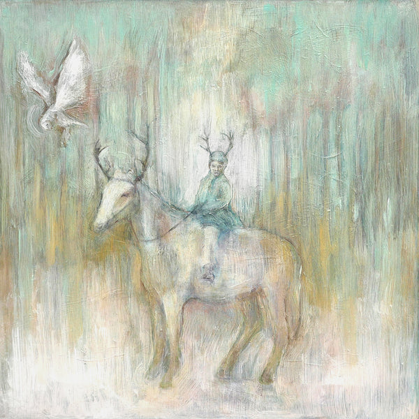 Oil painting on canvas of a child on horseback with an owl in green, blue and pale tones.